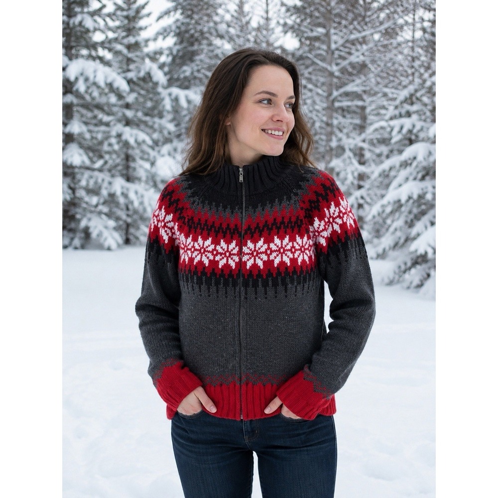 Vintage Sonoma Jean Co Sweater Womens L Nordic Fair Isle Snowflake Full Zip 90s